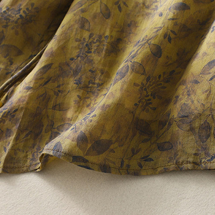 Camicia da donna in cotone e lino con maniche a tre quarti e ricamo di Buddha Stones e foglie - image 18