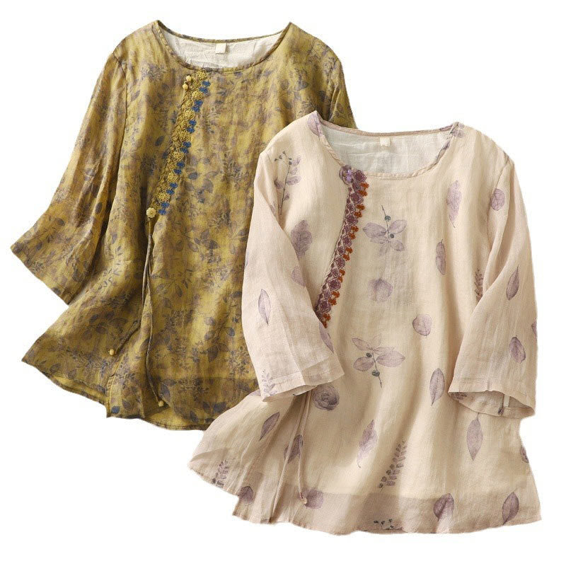 Camicia da donna in cotone e lino con maniche a tre quarti e ricamo di Buddha Stones e foglie - image 20