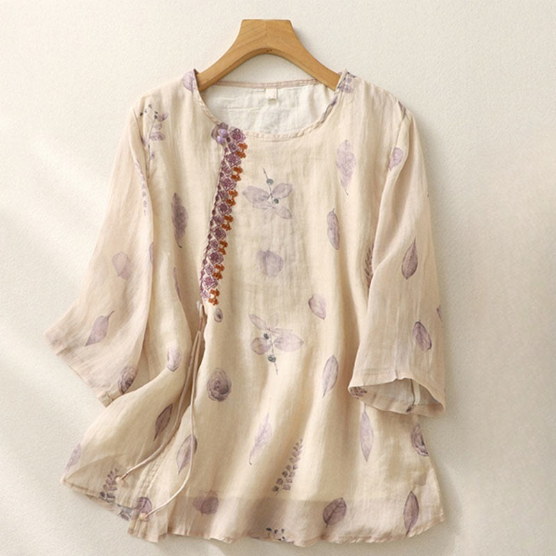 Camicia da donna in cotone e lino con maniche a tre quarti e ricamo di Buddha Stones e foglie - OldLace - US12, UK/AU16, EU44 (2XL) - image 0