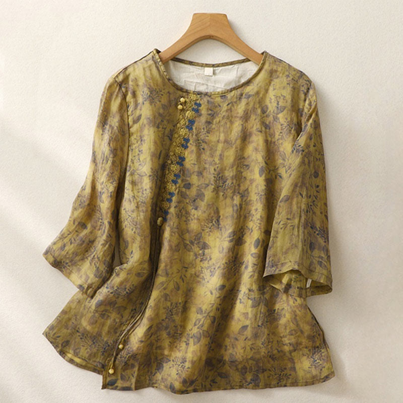 Camicia da donna in cotone e lino con maniche a tre quarti e ricamo di Buddha Stones e foglie - DarkGoldenrod - US12, UK/AU16, EU44 (2XL) - image 13