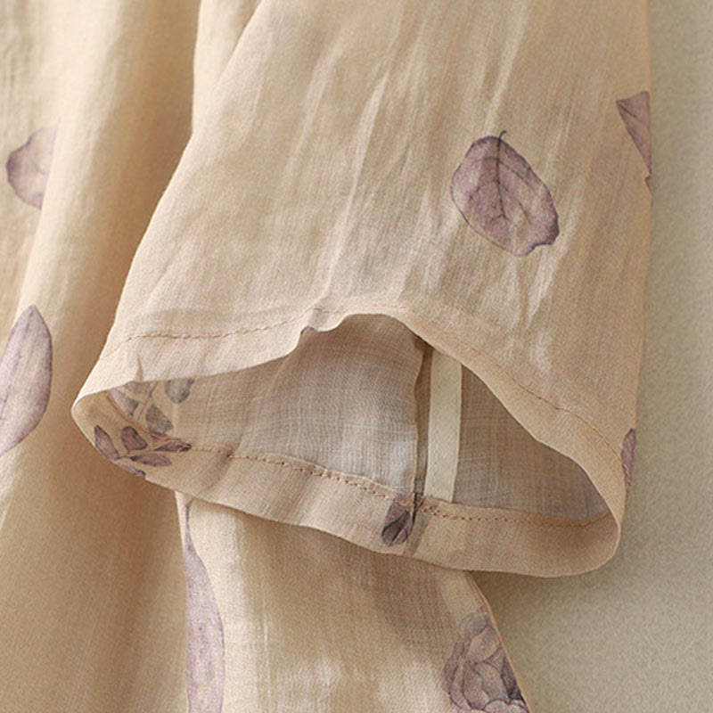 Camicia da donna in cotone e lino con maniche a tre quarti e ricamo di Buddha Stones e foglie - image 8