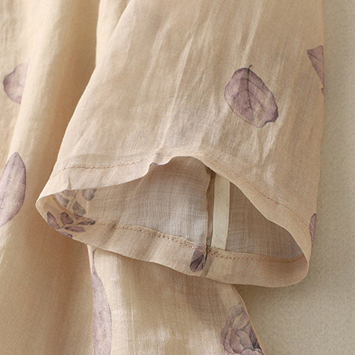 Camicia da donna in cotone e lino con maniche a tre quarti e ricamo di Buddha Stones e foglie - image 8