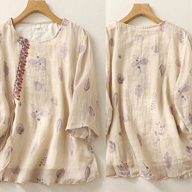 Camicia da donna in cotone e lino con maniche a tre quarti e ricamo di Buddha Stones e foglie - image 3