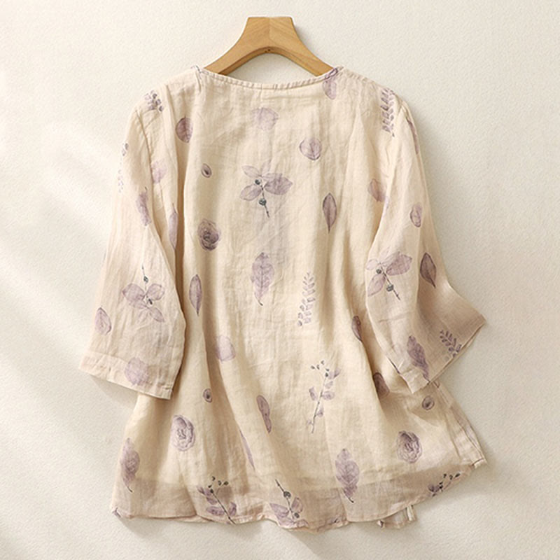 Camicia da donna in cotone e lino con maniche a tre quarti e ricamo di Buddha Stones e foglie - image 2