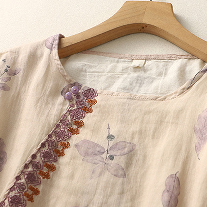 Camicia da donna in cotone e lino con maniche a tre quarti e ricamo di Buddha Stones e foglie - image 4