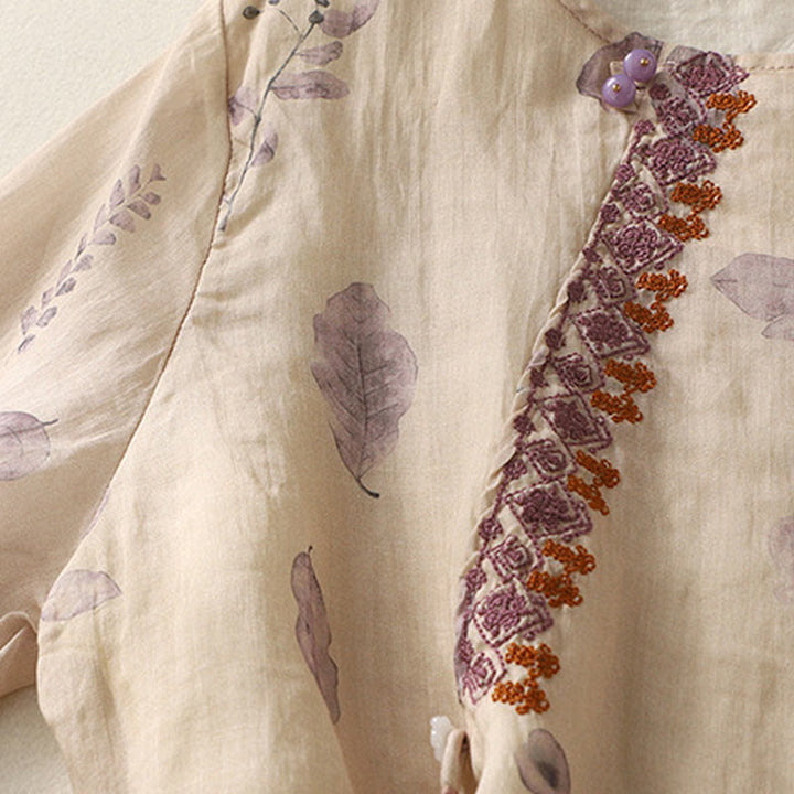 Camicia da donna in cotone e lino con maniche a tre quarti e ricamo di Buddha Stones e foglie - image 7