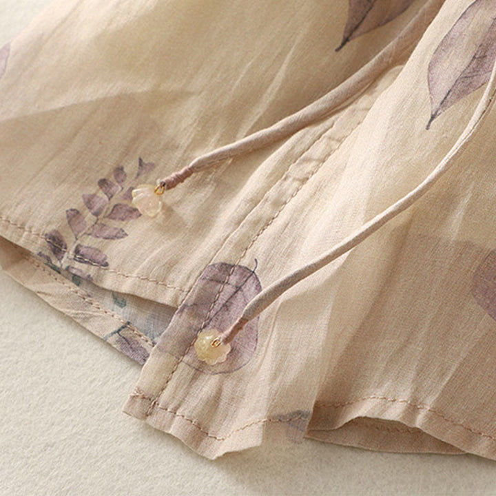 Camicia da donna in cotone e lino con maniche a tre quarti e ricamo di Buddha Stones e foglie - image 10