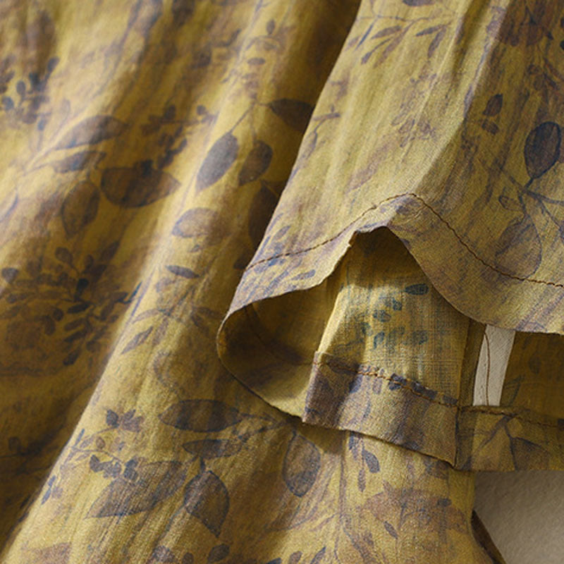 Camicia da donna in cotone e lino con maniche a tre quarti e ricamo di Buddha Stones e foglie - image 16