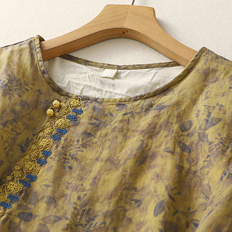 Camicia da donna in cotone e lino con maniche a tre quarti e ricamo di Buddha Stones e foglie - image 15