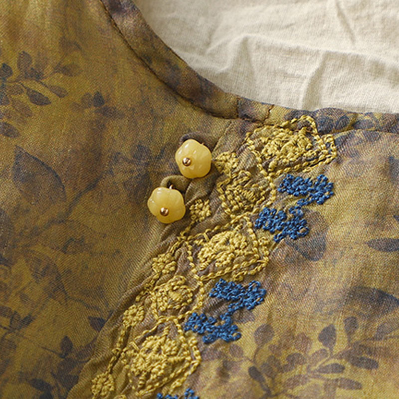 Camicia da donna in cotone e lino con maniche a tre quarti e ricamo di Buddha Stones e foglie - image 14