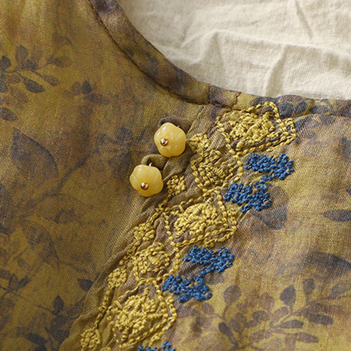 Camicia da donna in cotone e lino con maniche a tre quarti e ricamo di Buddha Stones e foglie - image 14