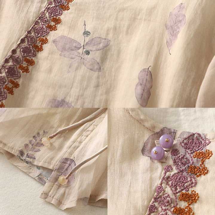 Camicia da donna in cotone e lino con maniche a tre quarti e ricamo di Buddha Stones e foglie - image 11