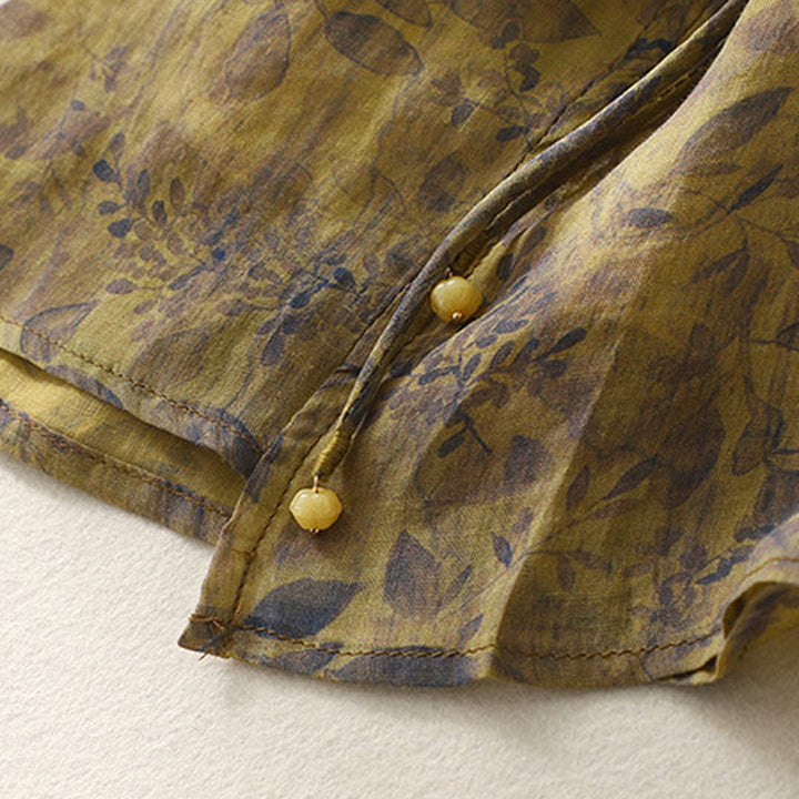 Camicia da donna in cotone e lino con maniche a tre quarti e ricamo di Buddha Stones e foglie - image 17