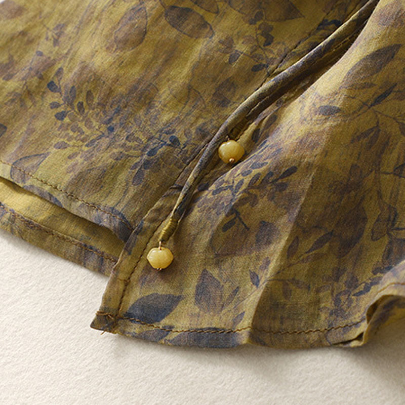 Camicia da donna in cotone e lino con maniche a tre quarti e ricamo di Buddha Stones e foglie - image 17