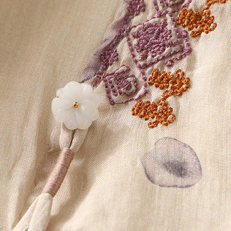 Camicia da donna in cotone e lino con maniche a tre quarti e ricamo di Buddha Stones e foglie - image 6