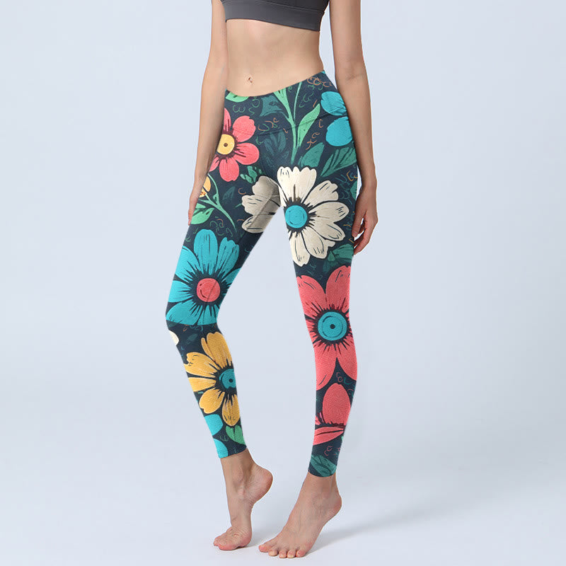 Leggings da palestra con stampa di fiori colorati Buddha Stones , pantaloni da yoga da donna - Nero - US18, UK/AU22, EU50 (4XL) - image 1