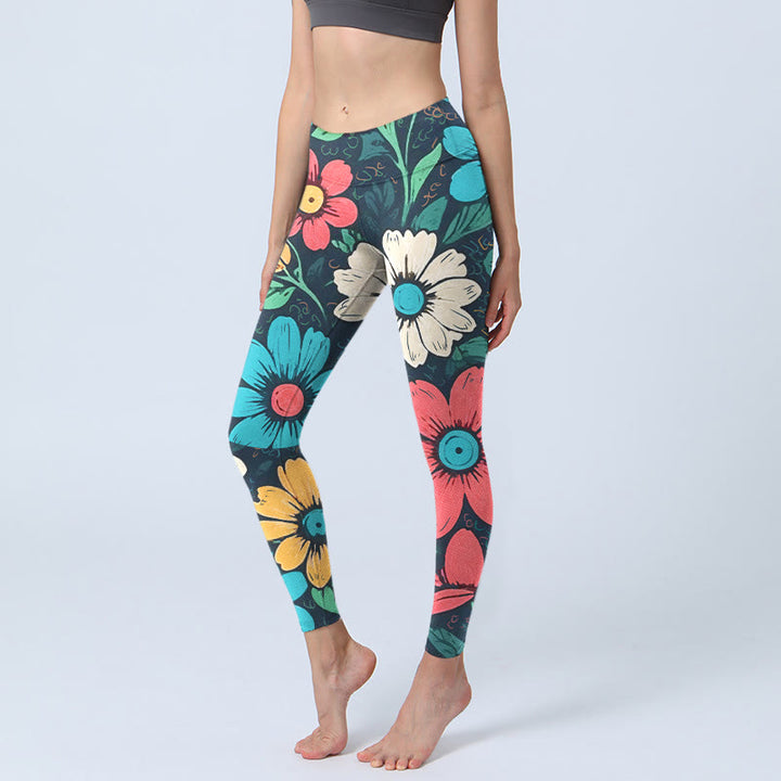 Leggings da palestra con stampa di fiori colorati Buddha Stones , pantaloni da yoga da donna - Nero - US18, UK/AU22, EU50 (4XL) - image 1