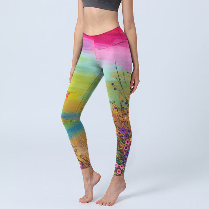 Leggings da palestra con stampa di Buddha Stones , fiori e uccelli, pantaloni da yoga da donna - GialloVerde - US18, UK/AU22, EU50 (4XL) - image 1