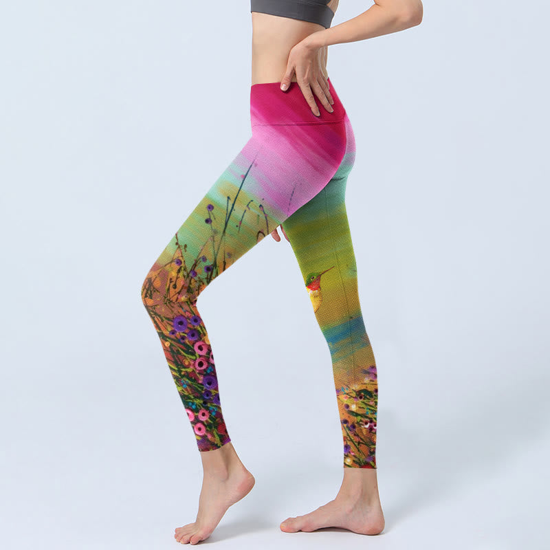 Leggings da palestra con stampa di Buddha Stones , fiori e uccelli, pantaloni da yoga da donna - image 2