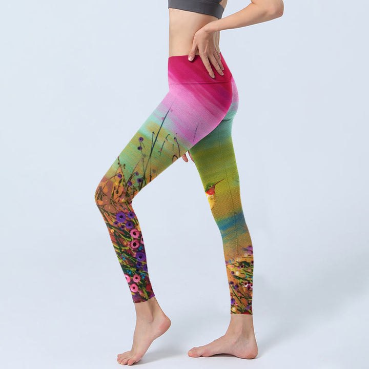 Leggings da palestra con stampa di Buddha Stones , fiori e uccelli, pantaloni da yoga da donna - image 2