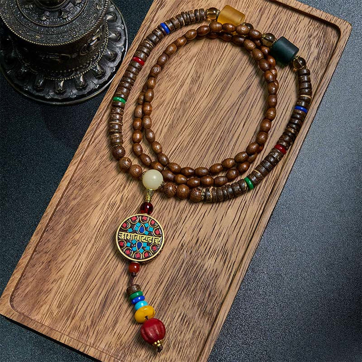 Collana con ciondolo in perline di rame, mantra luminoso, perline di rame, ciondolo in legno di Schima, fatto a mano in tibetano con Buddha Stones .