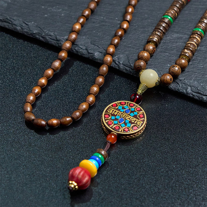 Collana con ciondolo in perline di rame, mantra luminoso, perline di rame, ciondolo in legno di Schima, fatto a mano in tibetano con Buddha Stones .