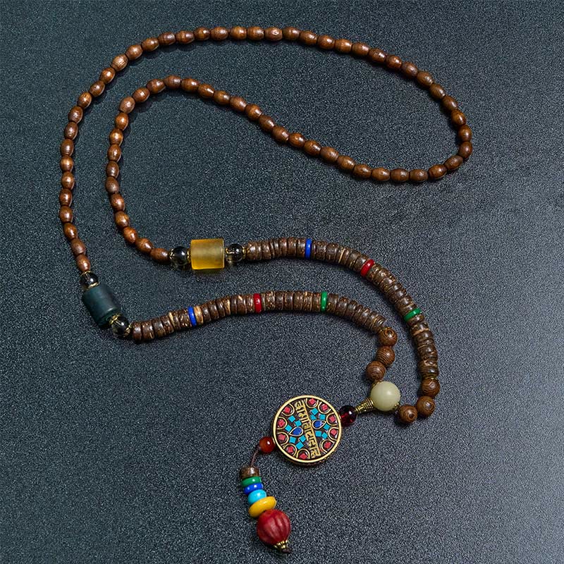 Collana con ciondolo in perline di rame, mantra luminoso, perline di rame, ciondolo in legno di Schima, fatto a mano in tibetano con Buddha Stones .