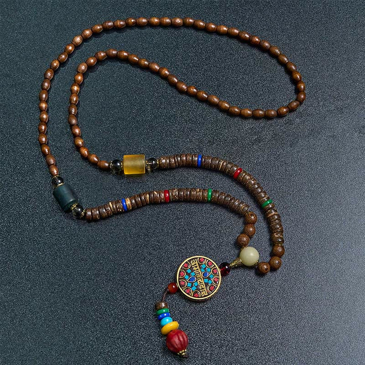 Collana con ciondolo in perline di rame, mantra luminoso, perline di rame, ciondolo in legno di Schima, fatto a mano in tibetano con Buddha Stones .
