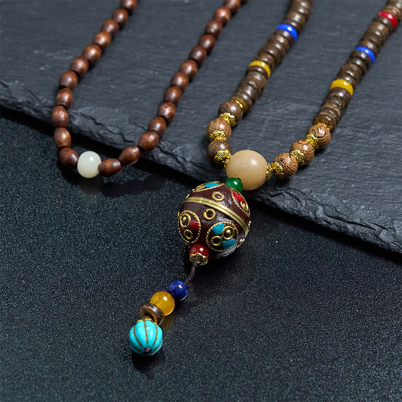 Collana con ciondolo in perline di rame, mantra luminoso, perline di rame, ciondolo in legno di Schima, fatto a mano in tibetano con Buddha Stones .