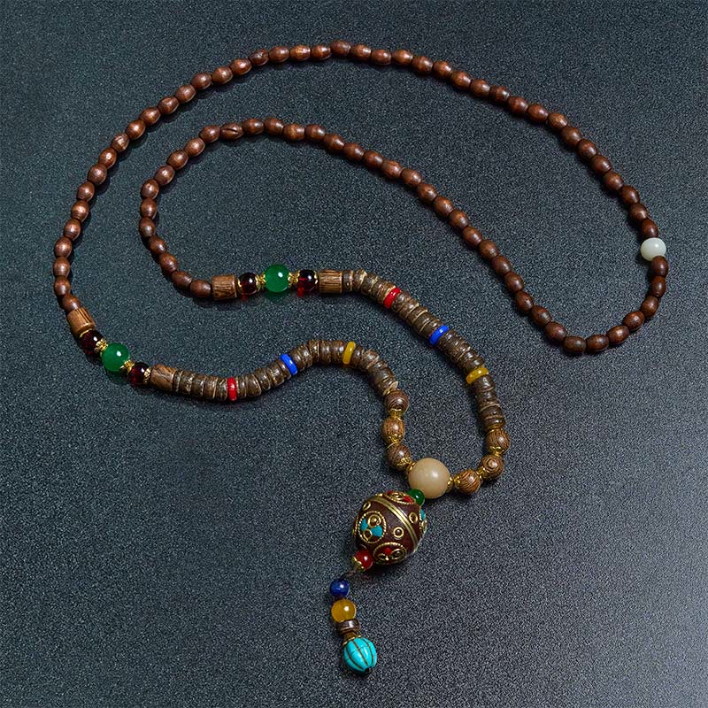 Collana con ciondolo in perline di rame, mantra luminoso, perline di rame, ciondolo in legno di Schima, fatto a mano in tibetano con Buddha Stones .