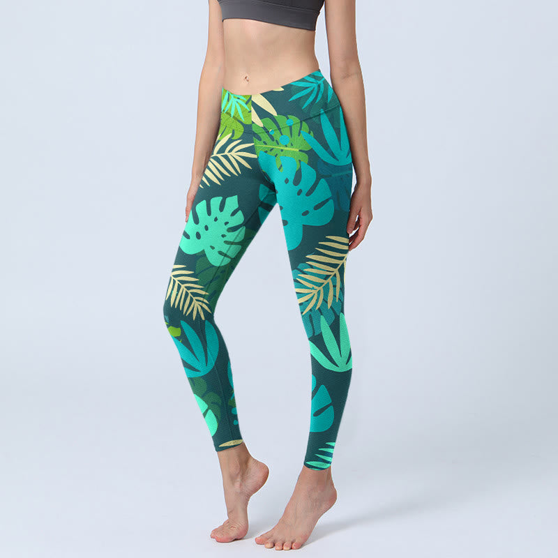 Leggings da palestra con stampa di Buddha Stones, varie forme di foglie, pantaloni da yoga da donna - Verde scuro - US18, UK/AU22, EU50 (4XL) - image 0