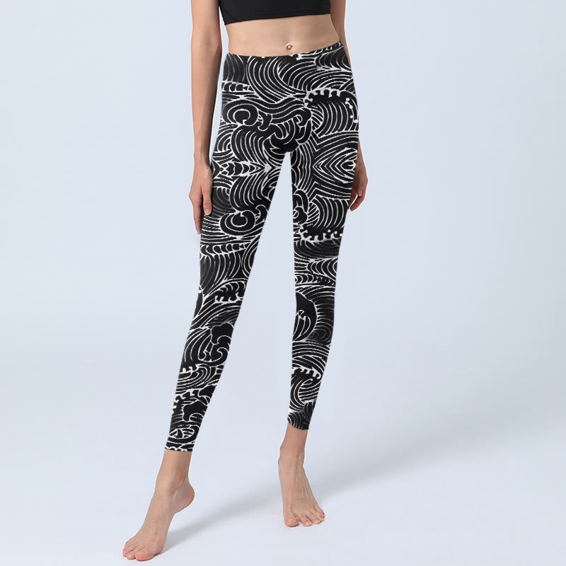 Leggings da palestra con stampa a onde e linee bianche, pantaloni da yoga da donna, modello Buddha Stones - image 6