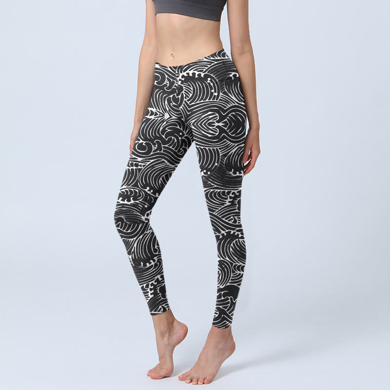 Leggings da palestra con stampa a onde e linee bianche, pantaloni da yoga da donna, modello Buddha Stones - Nero - US18, UK/AU22, EU50 (4XL) - image 1