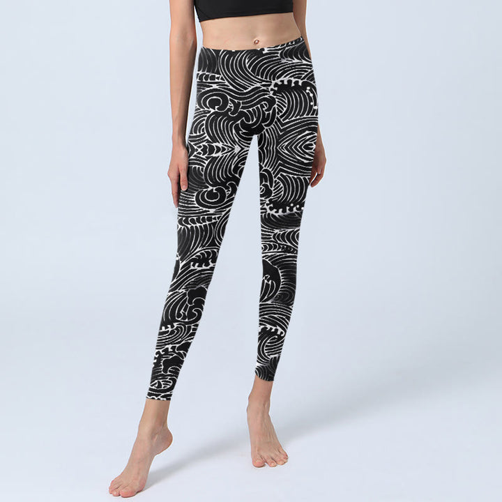 Leggings da palestra con stampa a onde e linee bianche, pantaloni da yoga da donna, modello Buddha Stones - image 5