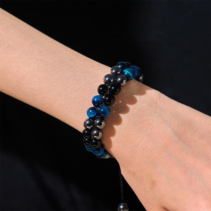 Braccialetto di protezione con perline a doppia fila in occhio di tigre Buddha Stones naturale, magnetite nera e ossidiana nera