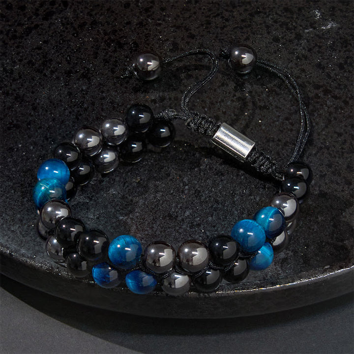 Braccialetto di protezione con perline a doppia fila in occhio di tigre Buddha Stones naturale, magnetite nera e ossidiana nera