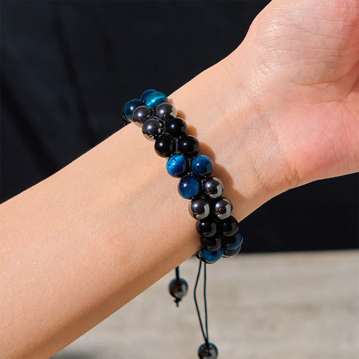 Braccialetto di protezione con perline a doppia fila in occhio di tigre Buddha Stones naturale, magnetite nera e ossidiana nera