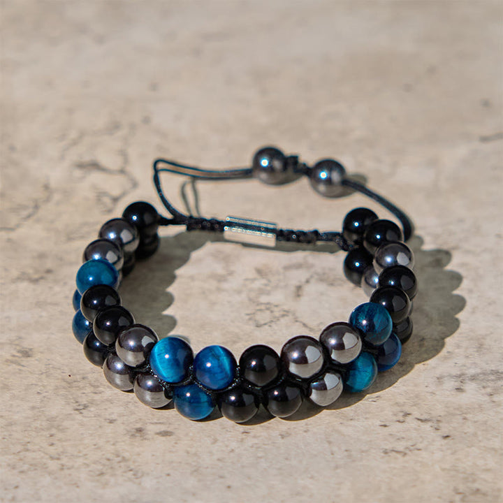 Braccialetto di protezione con perline a doppia fila in occhio di tigre Buddha Stones naturale, magnetite nera e ossidiana nera