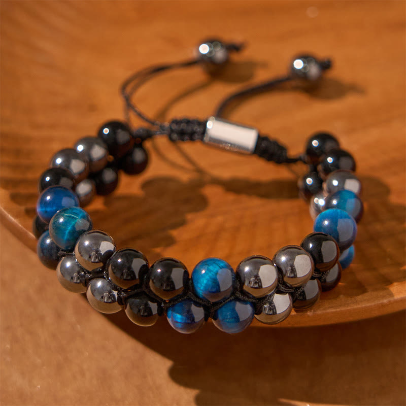 Braccialetto di protezione con perline a doppia fila in occhio di tigre Buddha Stones naturale, magnetite nera e ossidiana nera