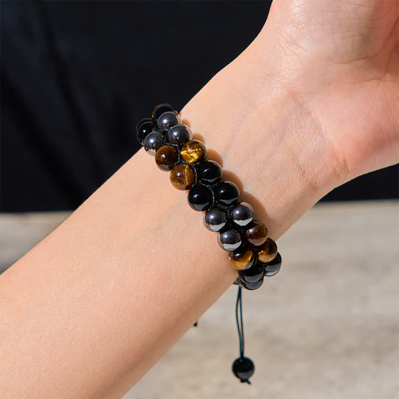 Braccialetto di protezione con perline a doppia fila in onice nero e magnetite nera con Buddha Stones in occhio di tigre naturale