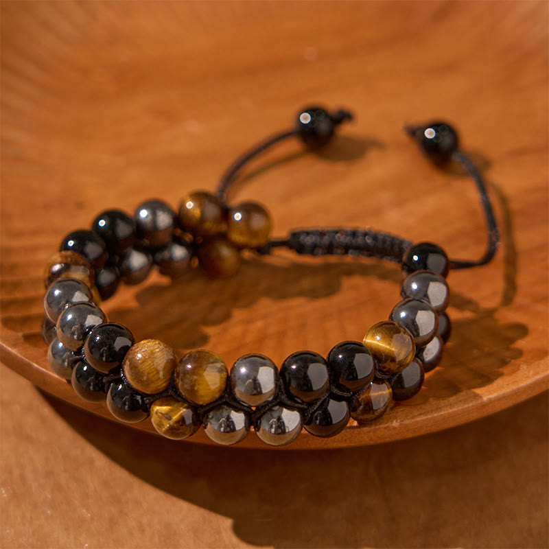 Braccialetto di protezione con perline a doppia fila in onice nero e magnetite nera con Buddha Stones in occhio di tigre naturale