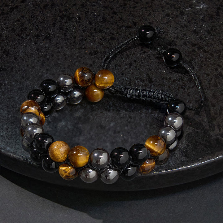 Braccialetto di protezione con perline a doppia fila in onice nero e magnetite nera con Buddha Stones in occhio di tigre naturale
