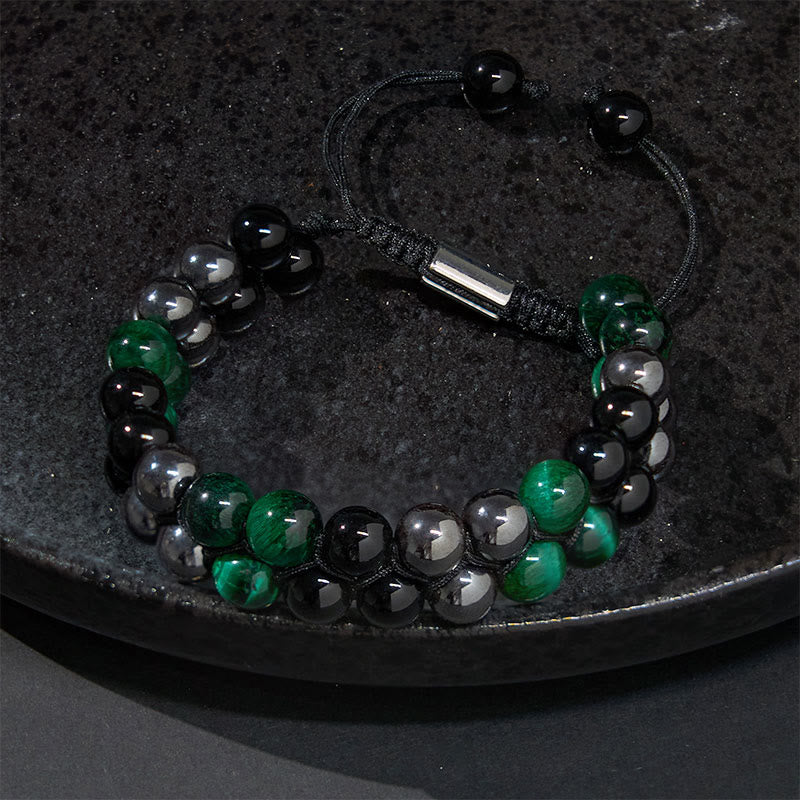 Braccialetto positivo con perline a doppia fila in ossidiana nera, magnetite nera, occhio di tigre verde naturale Buddha Stones