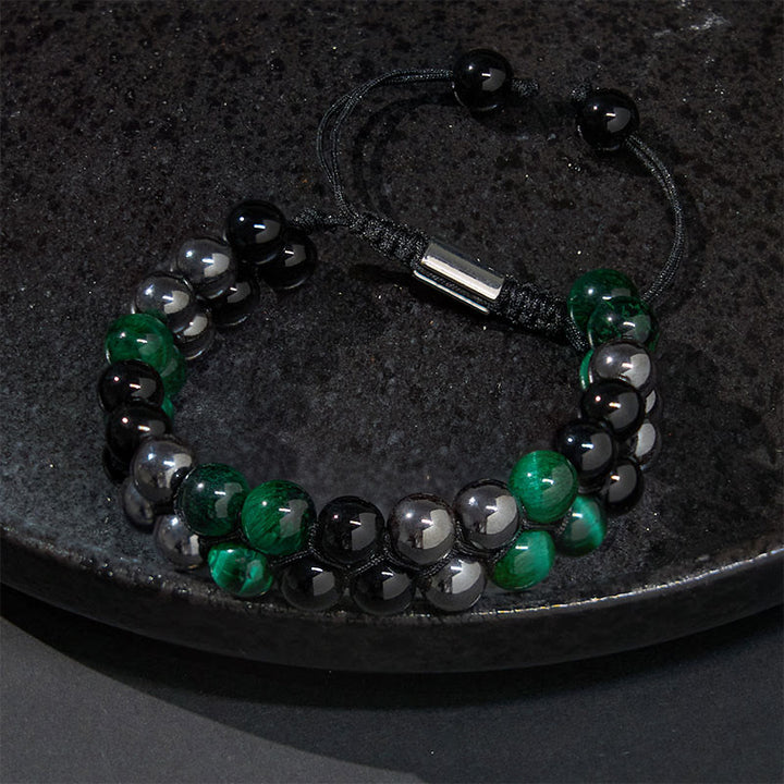 Braccialetto positivo con perline a doppia fila in ossidiana nera, magnetite nera, occhio di tigre verde naturale Buddha Stones
