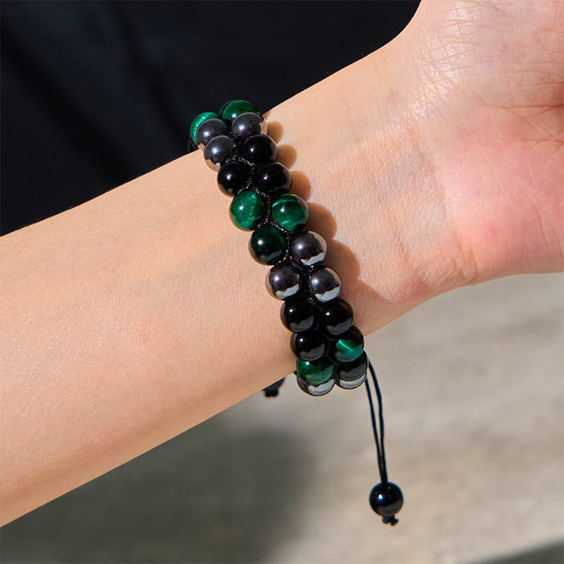Braccialetto positivo con perline a doppia fila in ossidiana nera, magnetite nera, occhio di tigre verde naturale Buddha Stones