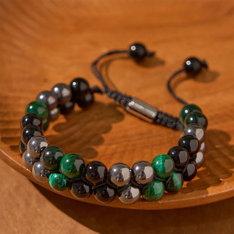 Braccialetto positivo con perline a doppia fila in ossidiana nera, magnetite nera, occhio di tigre verde naturale Buddha Stones