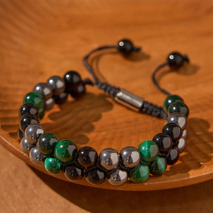 Braccialetto positivo con perline a doppia fila in ossidiana nera, magnetite nera, occhio di tigre verde naturale Buddha Stones