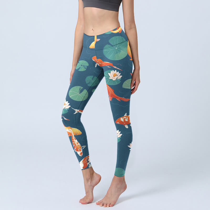 Leggings da palestra con stampa di Buddha Stones, pesce koi, fiore di loto, foglie di loto, pantaloni da yoga da donna - Verde acqua - US18, UK/AU22, EU50 (4XL) - image 0