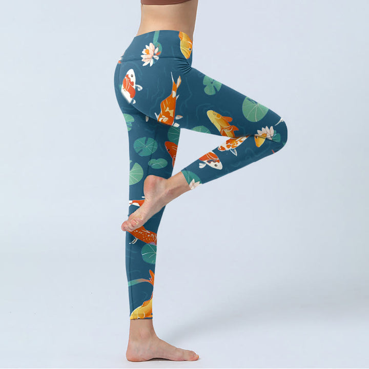 Leggings da palestra con stampa di Buddha Stones, pesce koi, fiore di loto, foglie di loto, pantaloni da yoga da donna - image 4