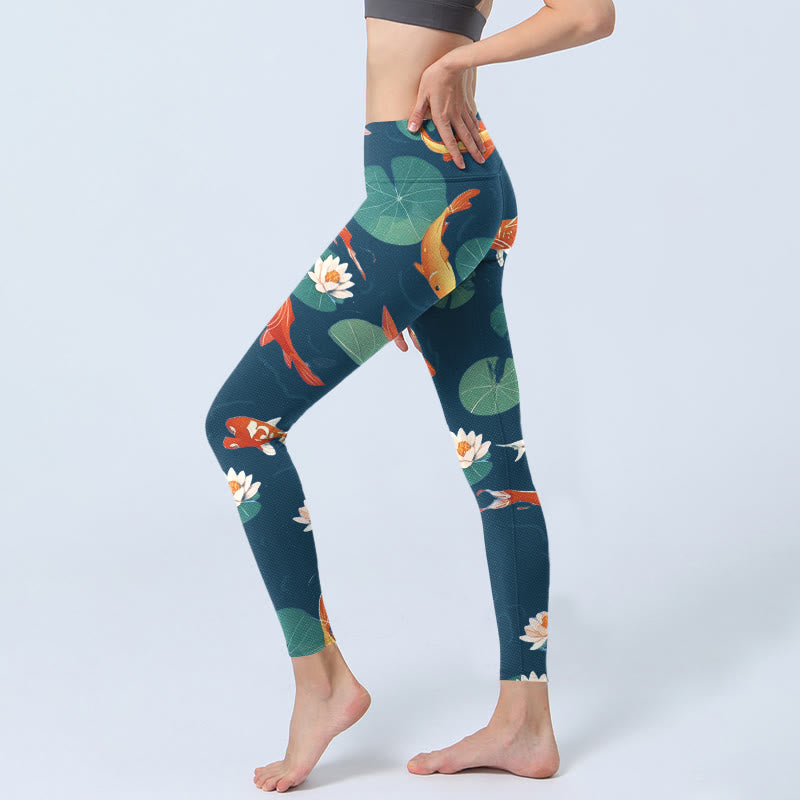 Leggings da palestra con stampa di Buddha Stones, pesce koi, fiore di loto, foglie di loto, pantaloni da yoga da donna - image 3